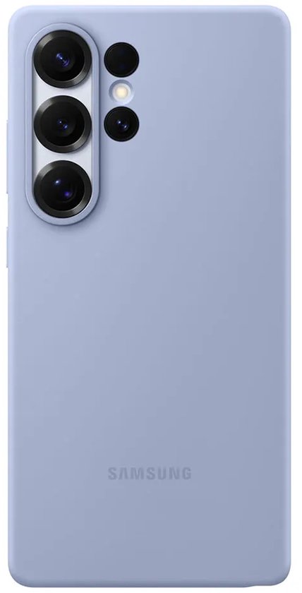 Lichtblauwe Samsung telefoon met abstracte achtergrond op het scherm.