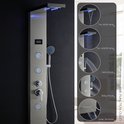 RVS douchepaneel met vijf functies: regen, waterval, handdouche, body jets en onder fontein. Blauwe LED verlichting.