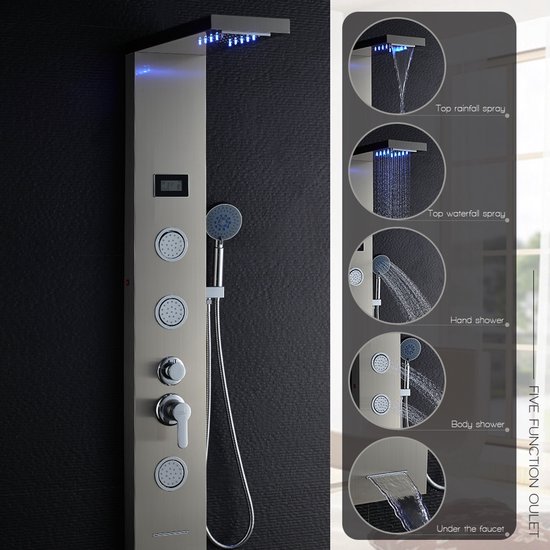 RVS douchepaneel met vijf functies: regen, waterval, handdouche, body jets en onder fontein. Blauwe LED verlichting.
