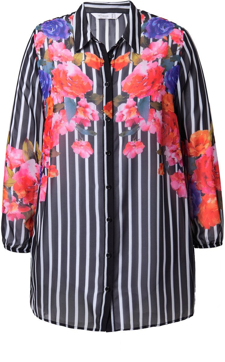 MIAMODA - Dames - Blouse A-lijn chiffon strepen/bloemen - Zwart - Maat 56