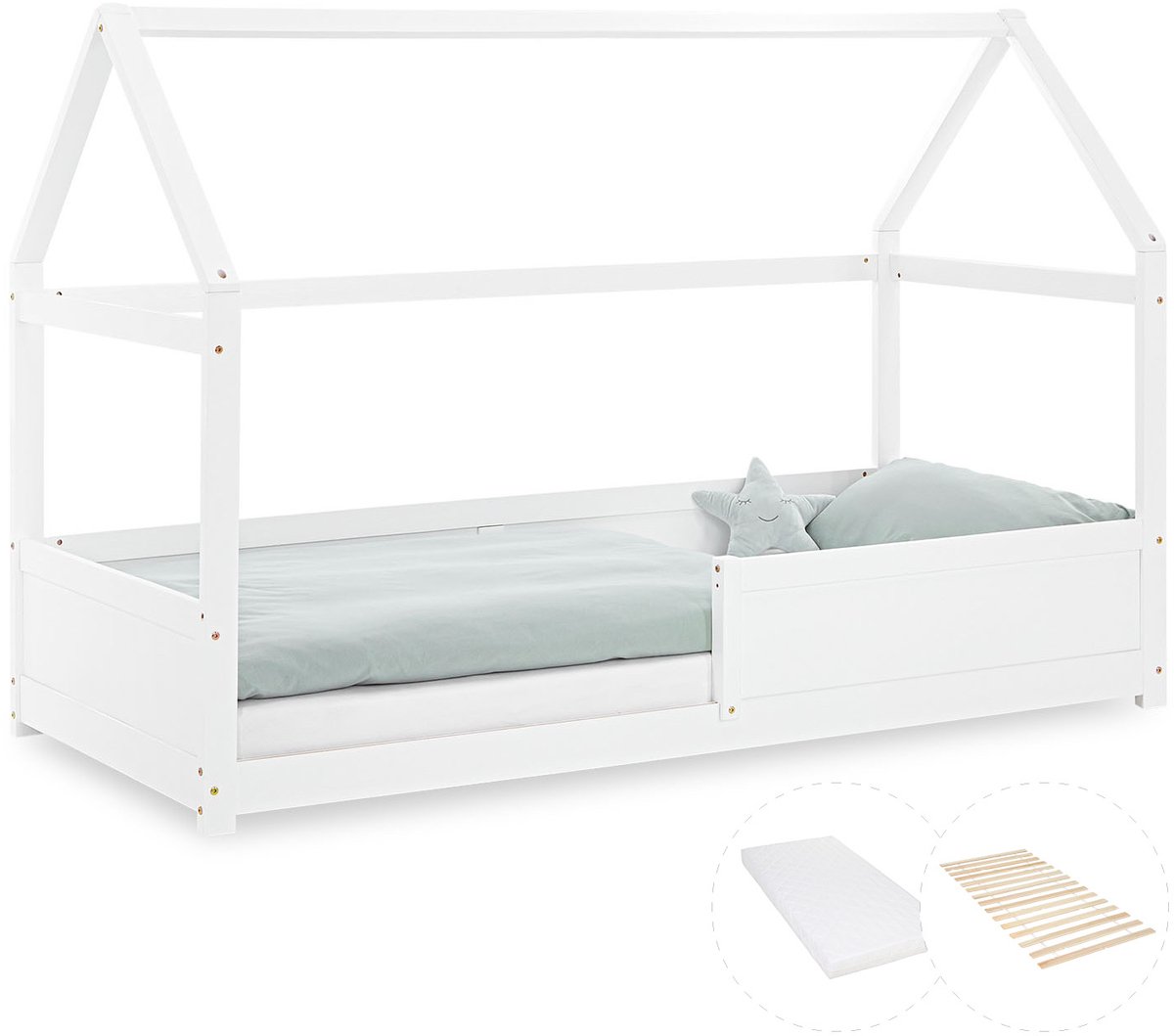 Homestyle4u Kinderbed 90x200 cm - Vloerbed met matras - Huisbed Wit