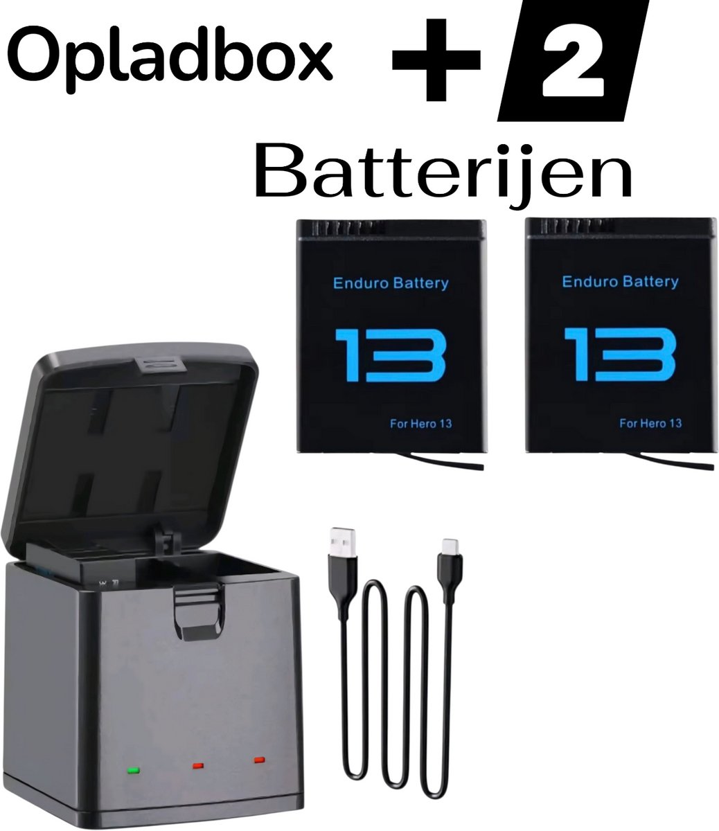 Opladbox voor GoPro Hero 13 Black - Opladbox +2 Batterijen - Opladbox voor 3 Batterijen - Inclusief 2 Batterijen - Gopro 13 - Charger Box for Gopro Hero 13 Black - Fast Charger - Opladbox 4 GoPro 13 Batterijen - GoPro 13 Accessoires - Batterij voor G