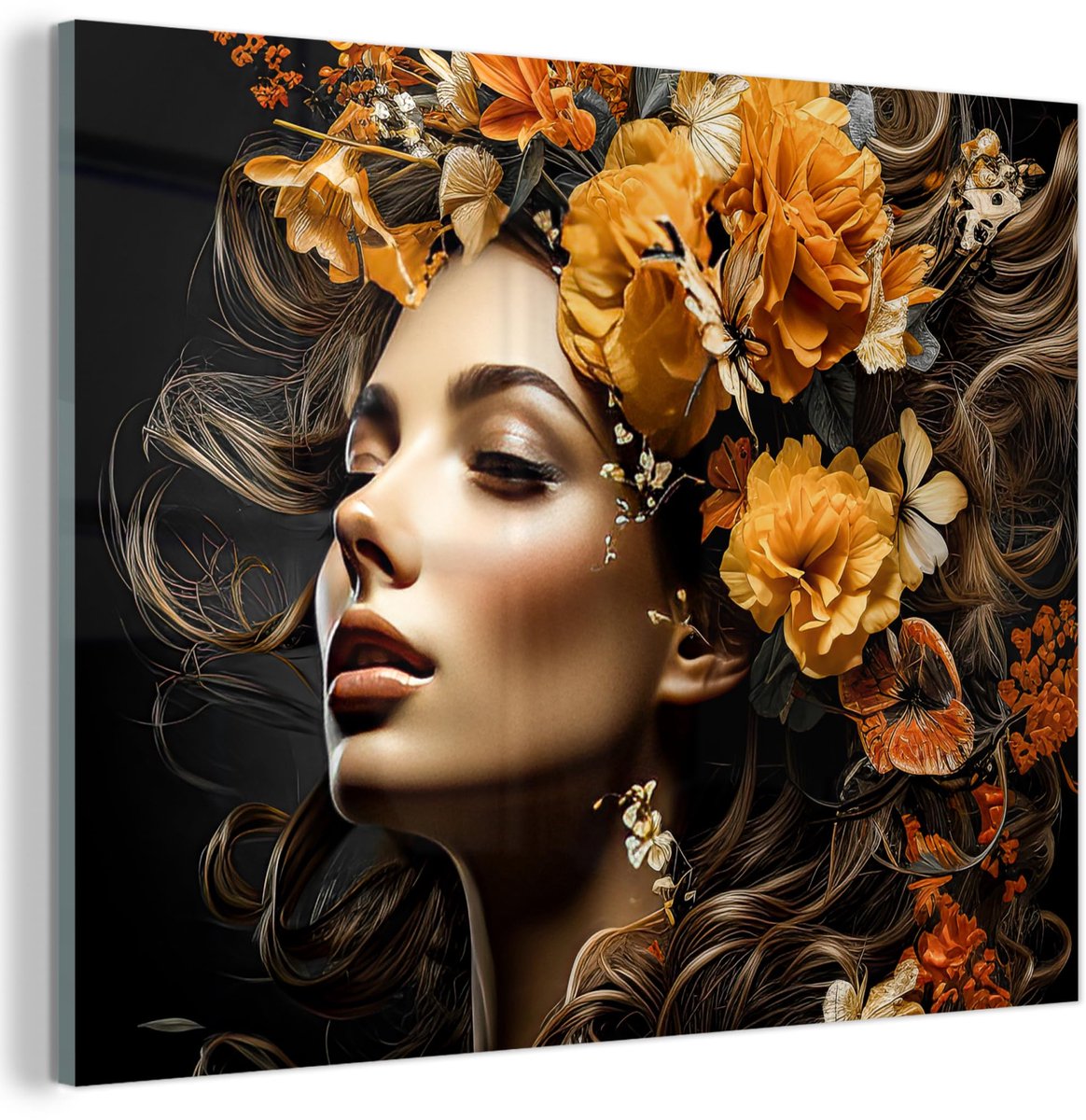 Unyqoos Kleurrijke glazen wanddecoratie met bloemenportret voor elke kamer