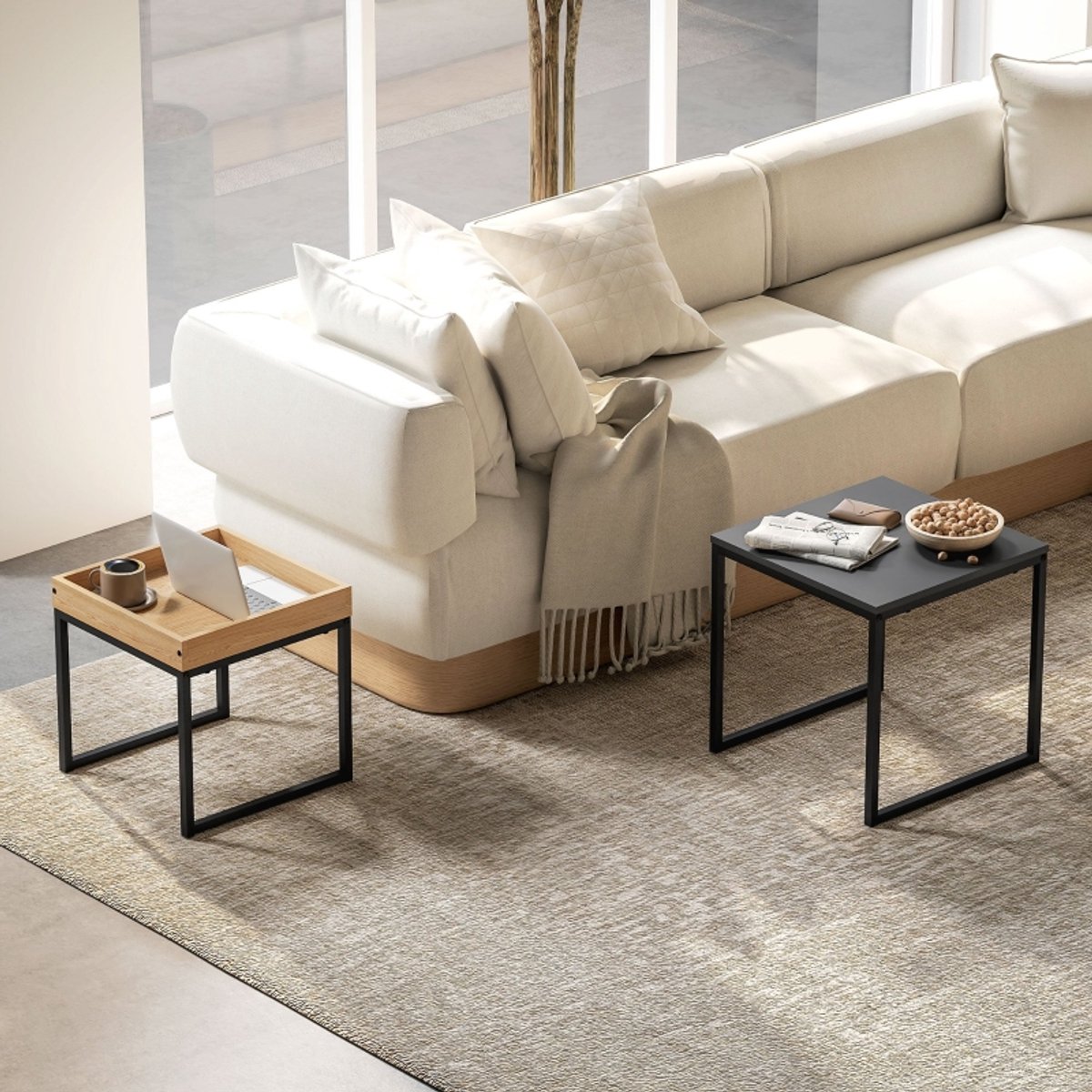 MODFU Set van 2 Salontafels, Vierkant, MDF en Metaal, Zwart, Modern, voor Kleine Ruimtes, Compact Design