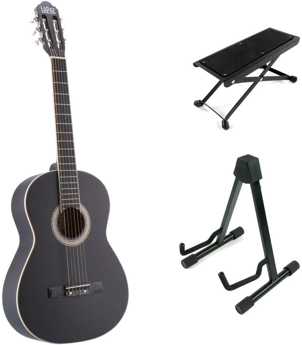 LaPaz C30BK klassieke gitaar 4/4-formaat zwart + statief + voetenbankje