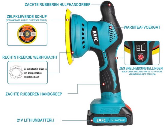 Gedetailleerde turquoise en zwarte EAFC polijstmachine. Met 21V lithiumbatterij, zachte handgreep en 6 snelheidsinstellingen.