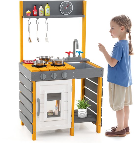 COSTWAY Modderkeuken Voor Buiten – Hout, Met Fornuis, Gootsteen, Oven, Bord & Accessoires, Voor Kinderen Vanaf 3 Jaar