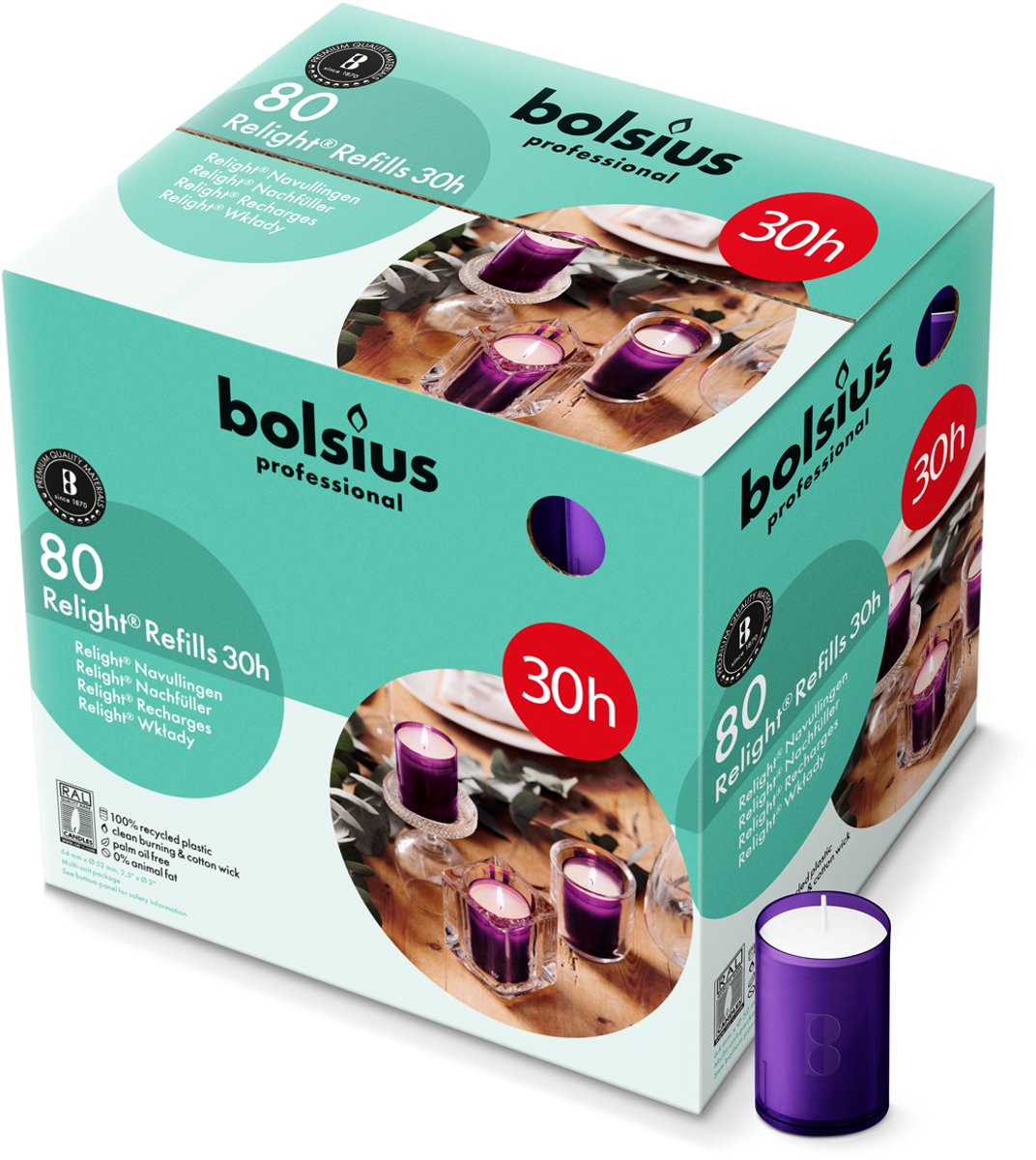 Bolsius Horeca Relight - Navulling - 64/52 - 80 stuks per verpakking - Paars