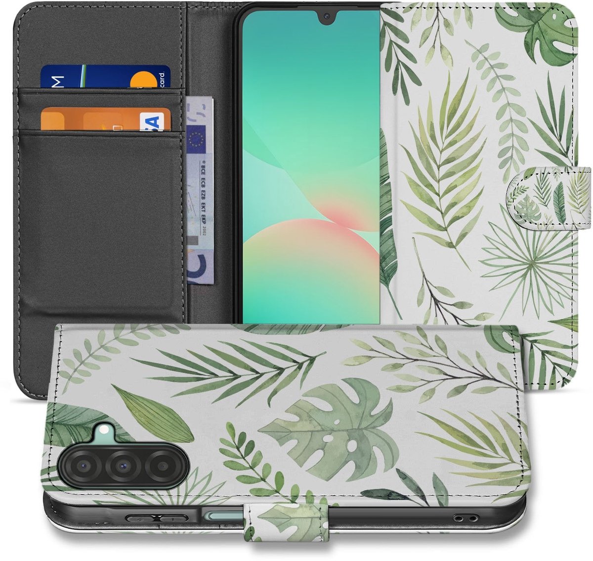 Samsung Galaxy A17 Bookcase Hoesje Leaves Lichtgroen Wit Met 3 Pasjes