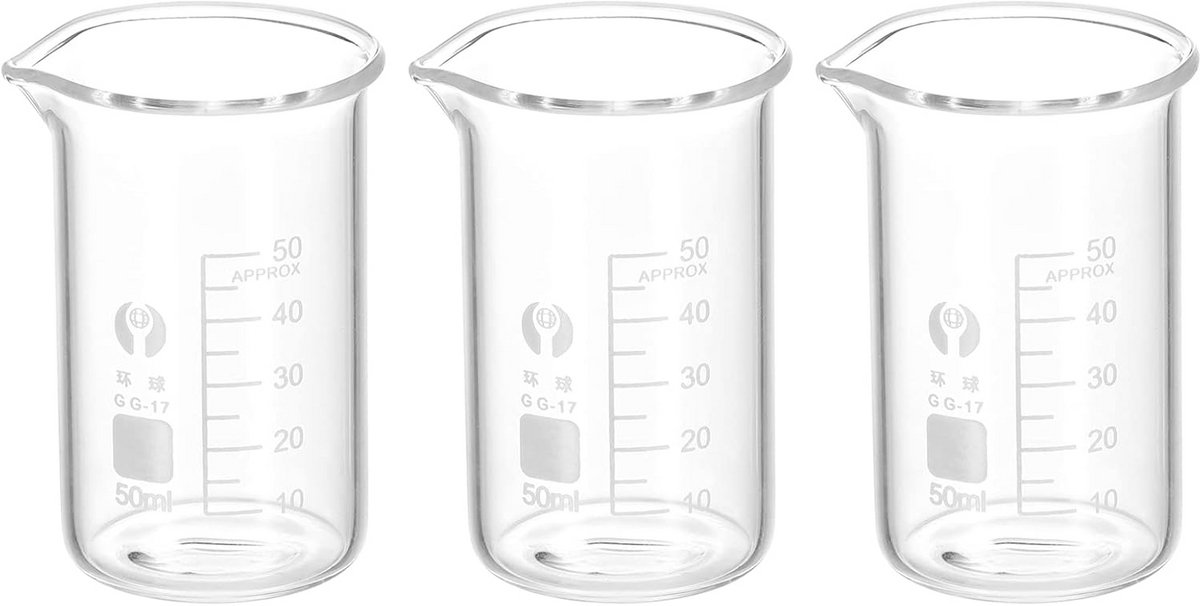 Set van 3 Maatbekers van Borosilicaatglas met Hendel en Maatstrepen (50ml)