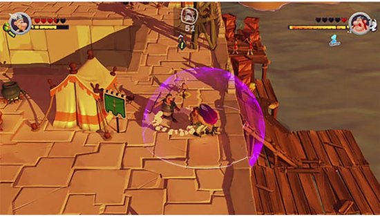Gameplay: Asterix en Obelix in gevecht met Romeinen op een houten brug. Puzzel game.