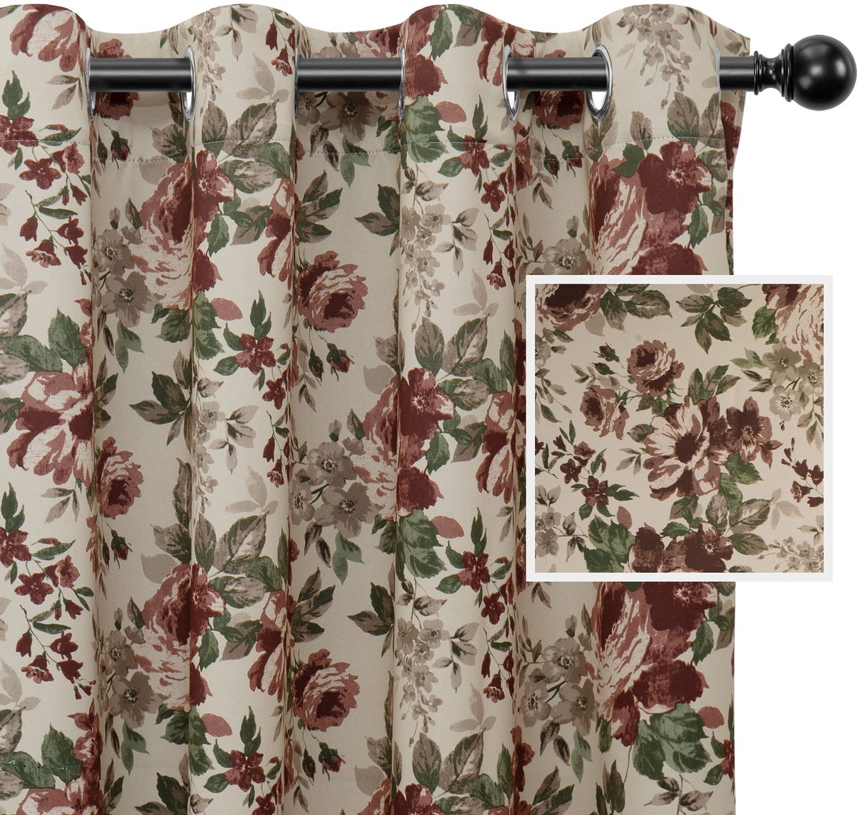 Unyqoos Set van 2 verduisterende gordijnen met bloemenpatroon en isolerende werking beige