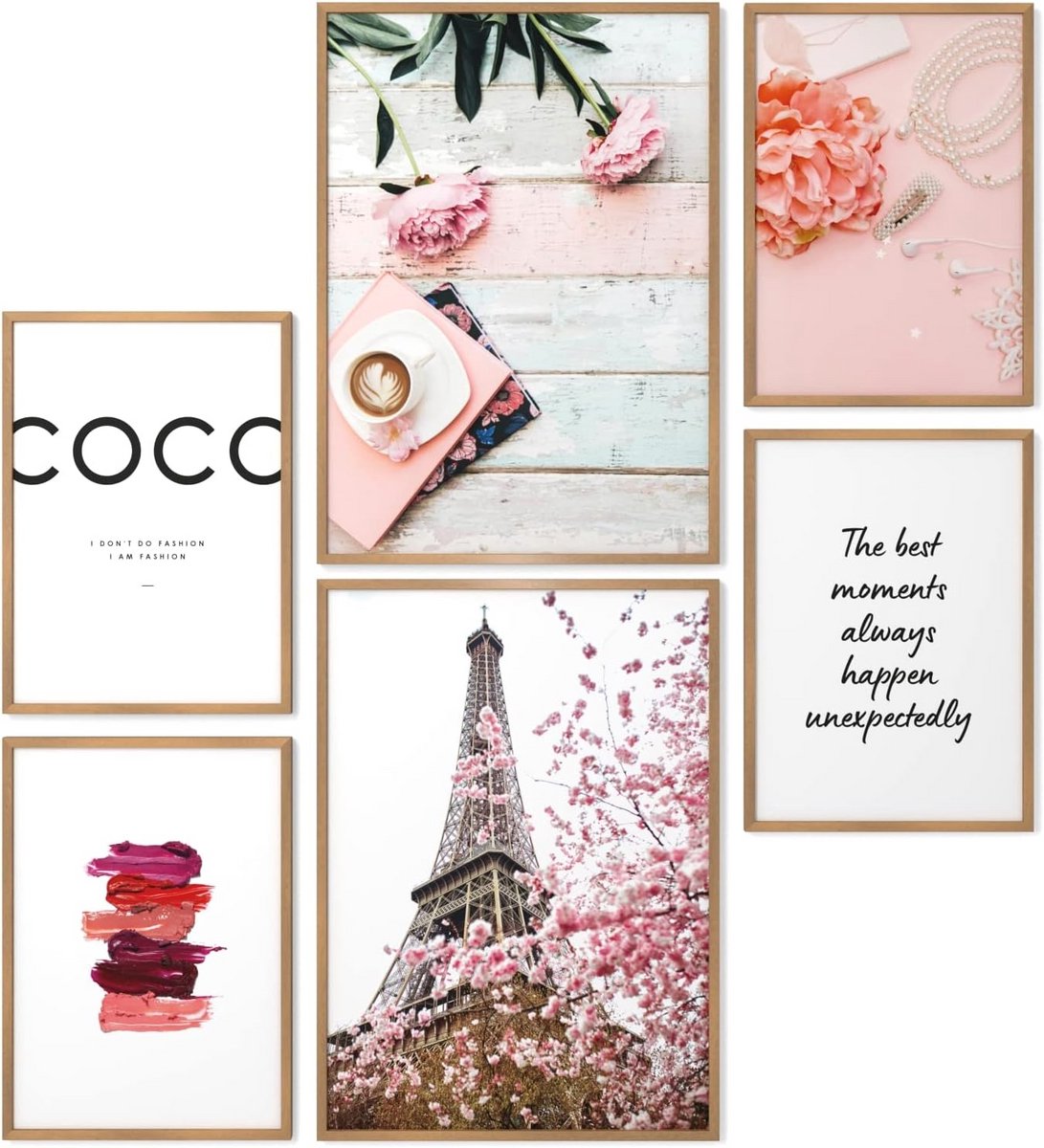 Wanddecoratie Set: 6 Glamour Lifestyle Posters in Houten Lijsten (Natuur) - Roze Thema voor Woonkamer en Slaapkamer - 2x A3 & 4x A4