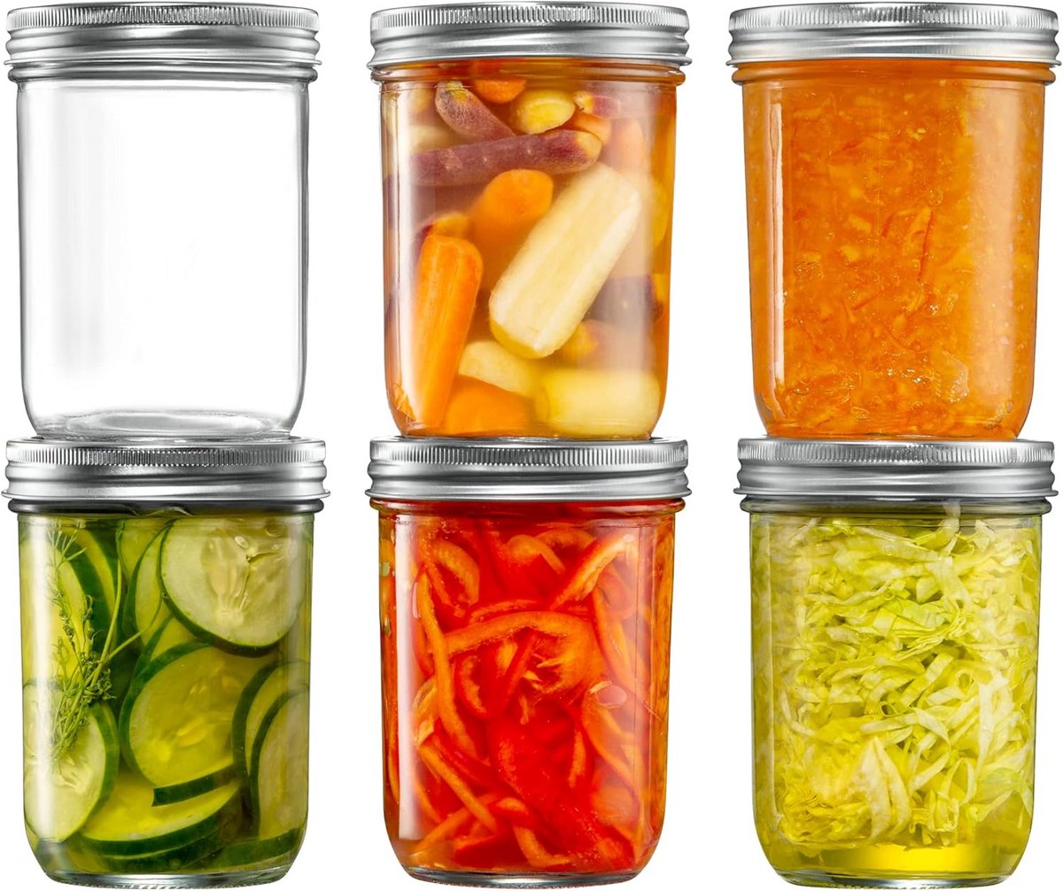 Set van 6 Glazen Bewaarpotten met Brede Mond en Lucht-dicht Metalen Deksel - 475 ml