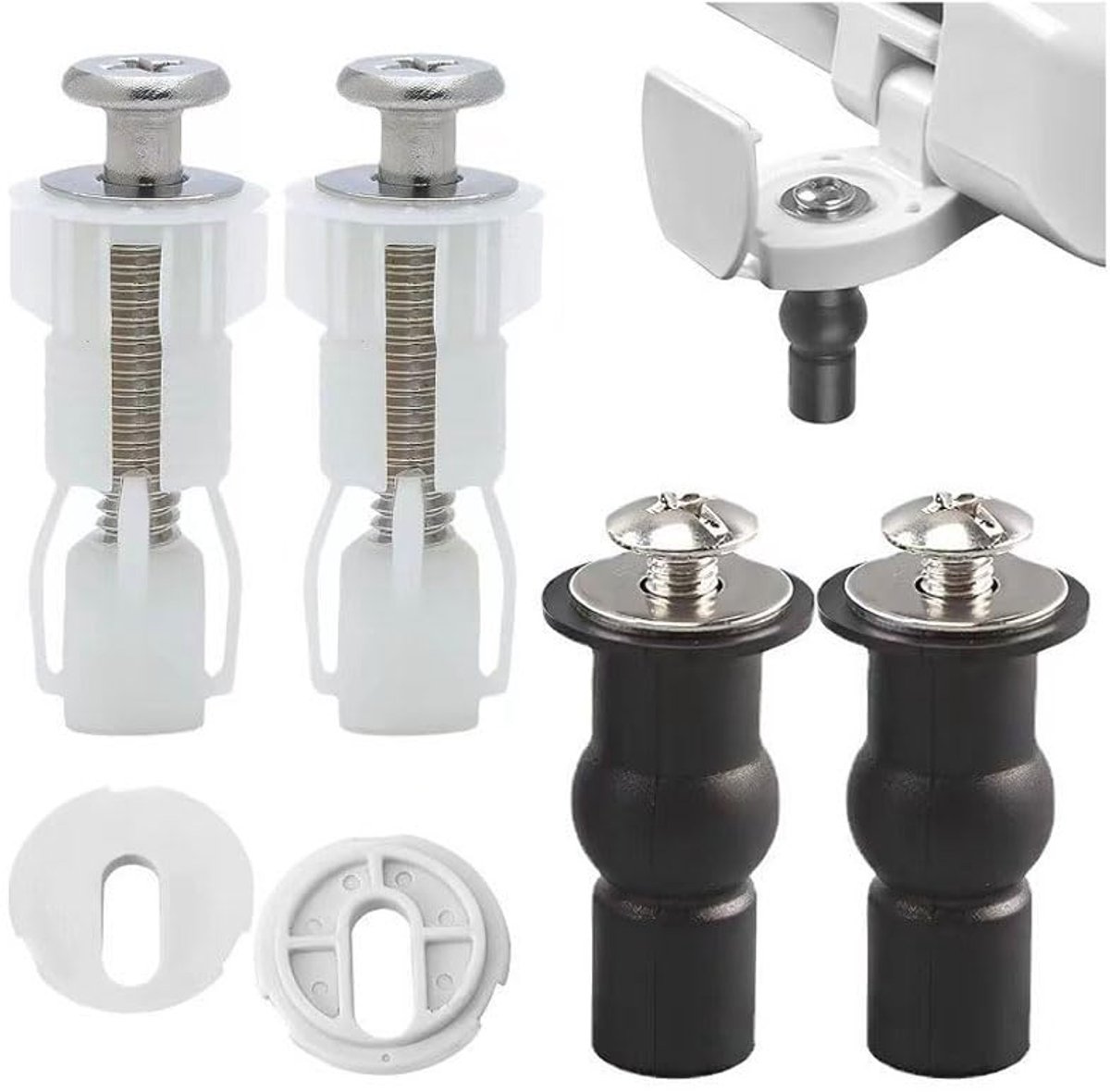 Toiletbril scharnieren schroeven kit, 4 stuks wc-deksel scharnieren bouten en moeren, uitgebreide rubberen topmoeren voor toilet opgelost, vervanging voor blinde gatmontage