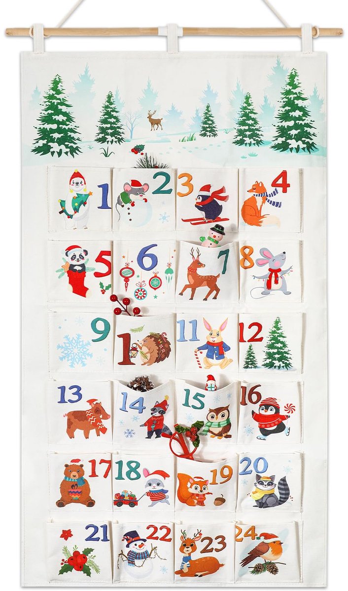 Winter Dieren Stof Adventkalender met 24 Zakjes, Vul je Eigen Adventkalender 2025 Kerst Countdown Lege DIY, Groot, Herbruikbaar, Schattig Winter Dieren Thema
