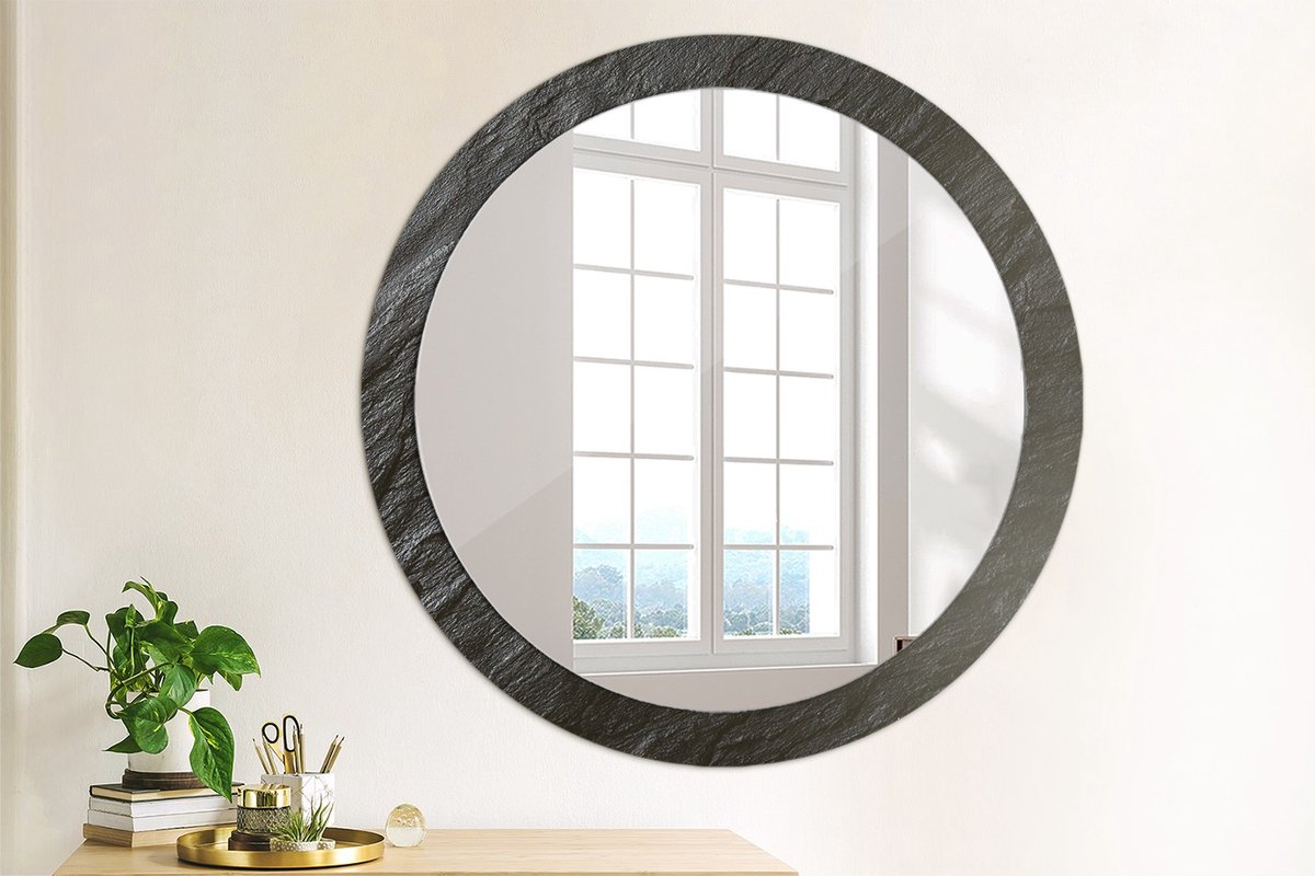 Coloray Bedrukte Spiegel - Zwarte steen Wandspiegel Decoratieve Print - 90 cm - Zwart Bedrukte Spiegel - Wandspiegel Decoratieve Print - Bedrukte Spiegel - Spiegel Met Bedrukte Lijst Zwart Zwarte steen