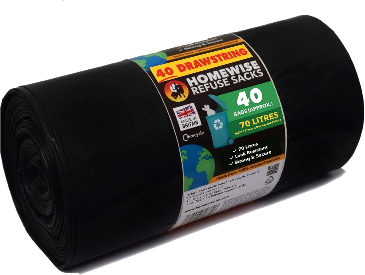 Sterke Vuilniszakken met Trekkoord 70L - 40 Stuks - Gerecycled Materiaal