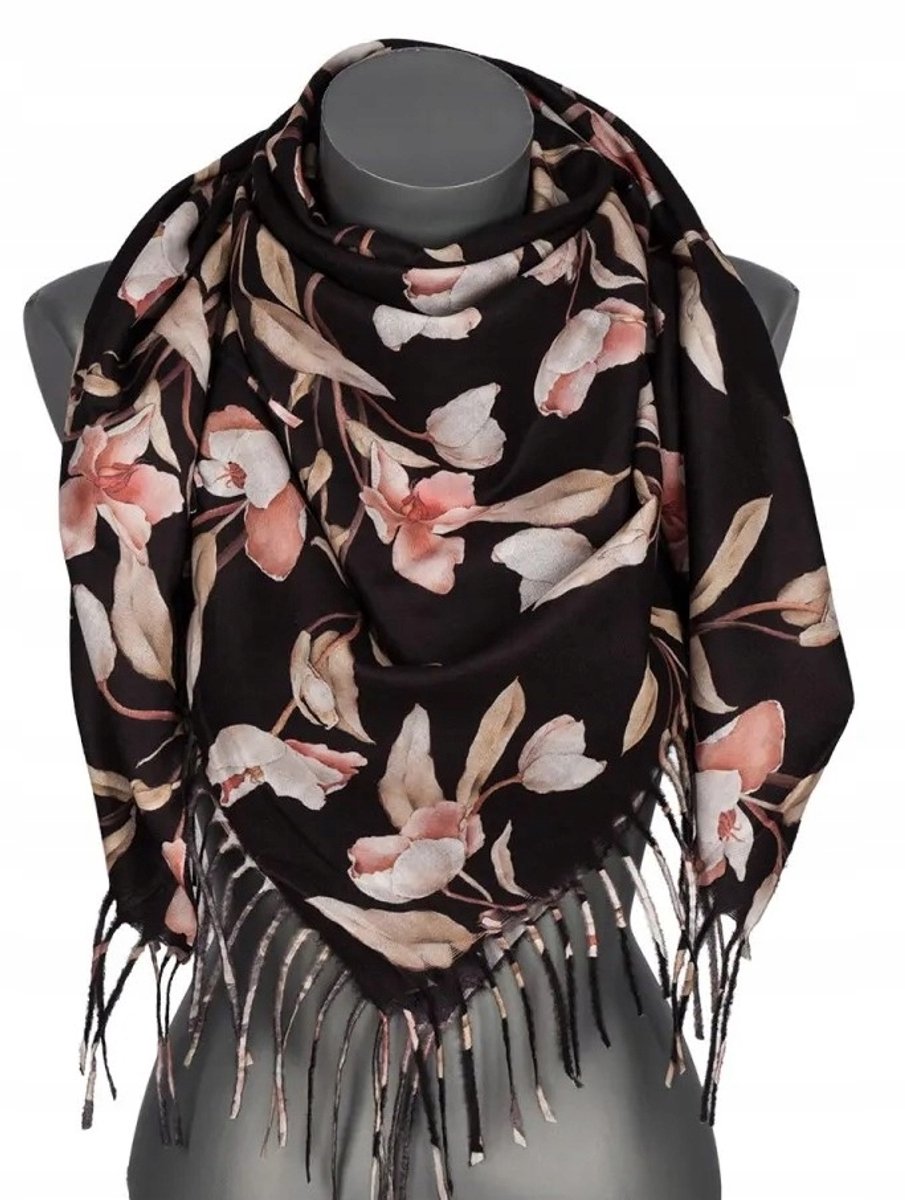 Damessjaal Bloemenprint met franje - Zwart, Viscose