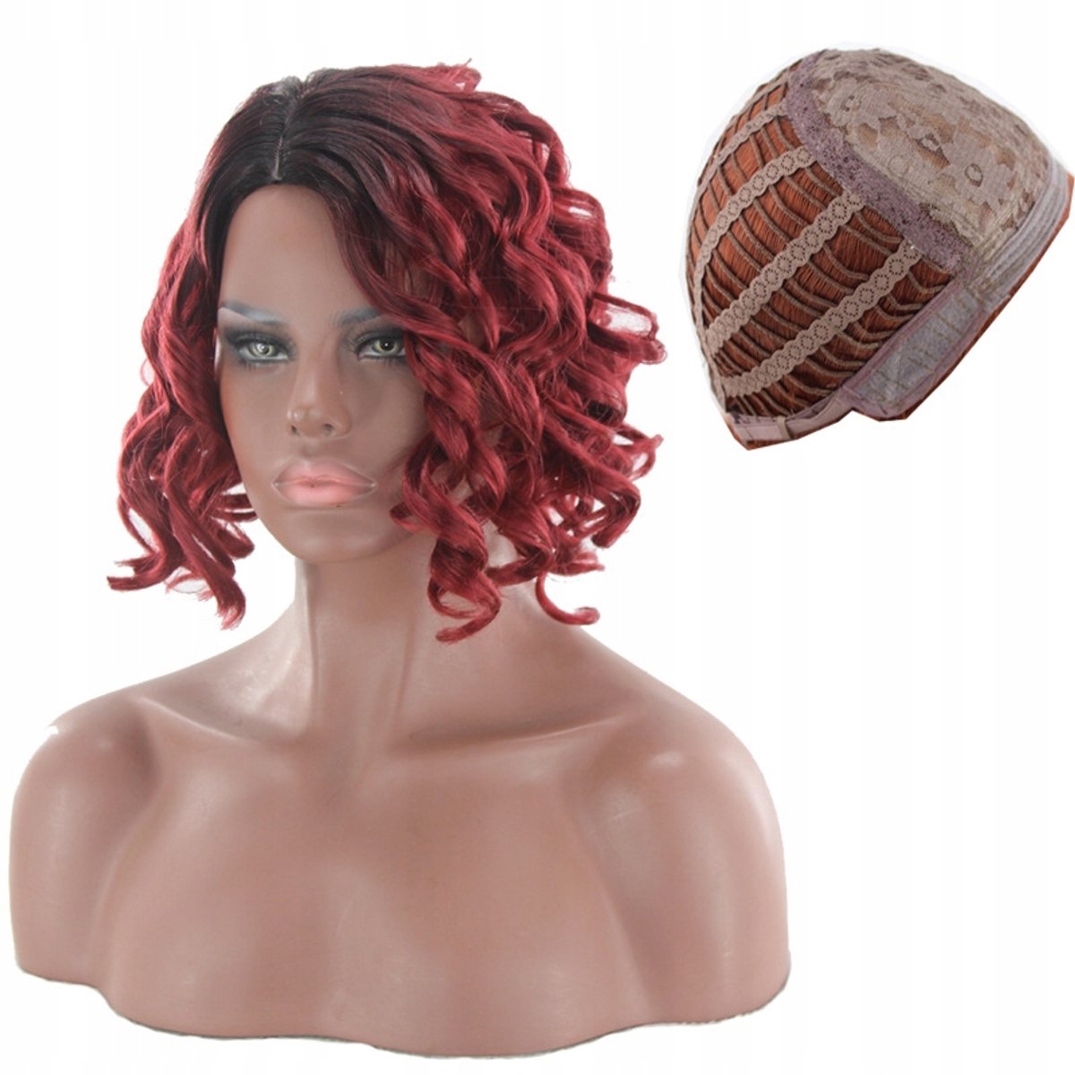 Rode Krullende Pruik, synthetisch haar, 40cm
