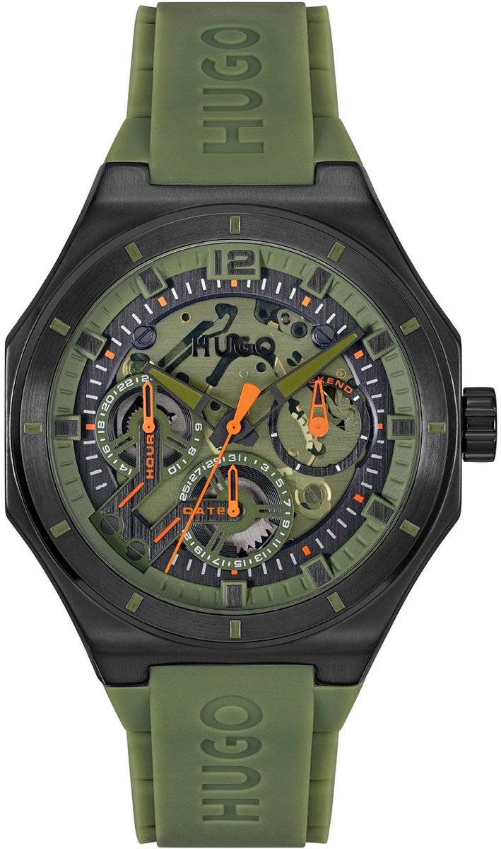 HUGO HU1530376 #GRAIL SKELETON Heren Horloge - Mineraalglas - Staal-Silicone - Groen-Zwart - 44 mm breed - Quartz - Gesp - 5 ATM (douchen)