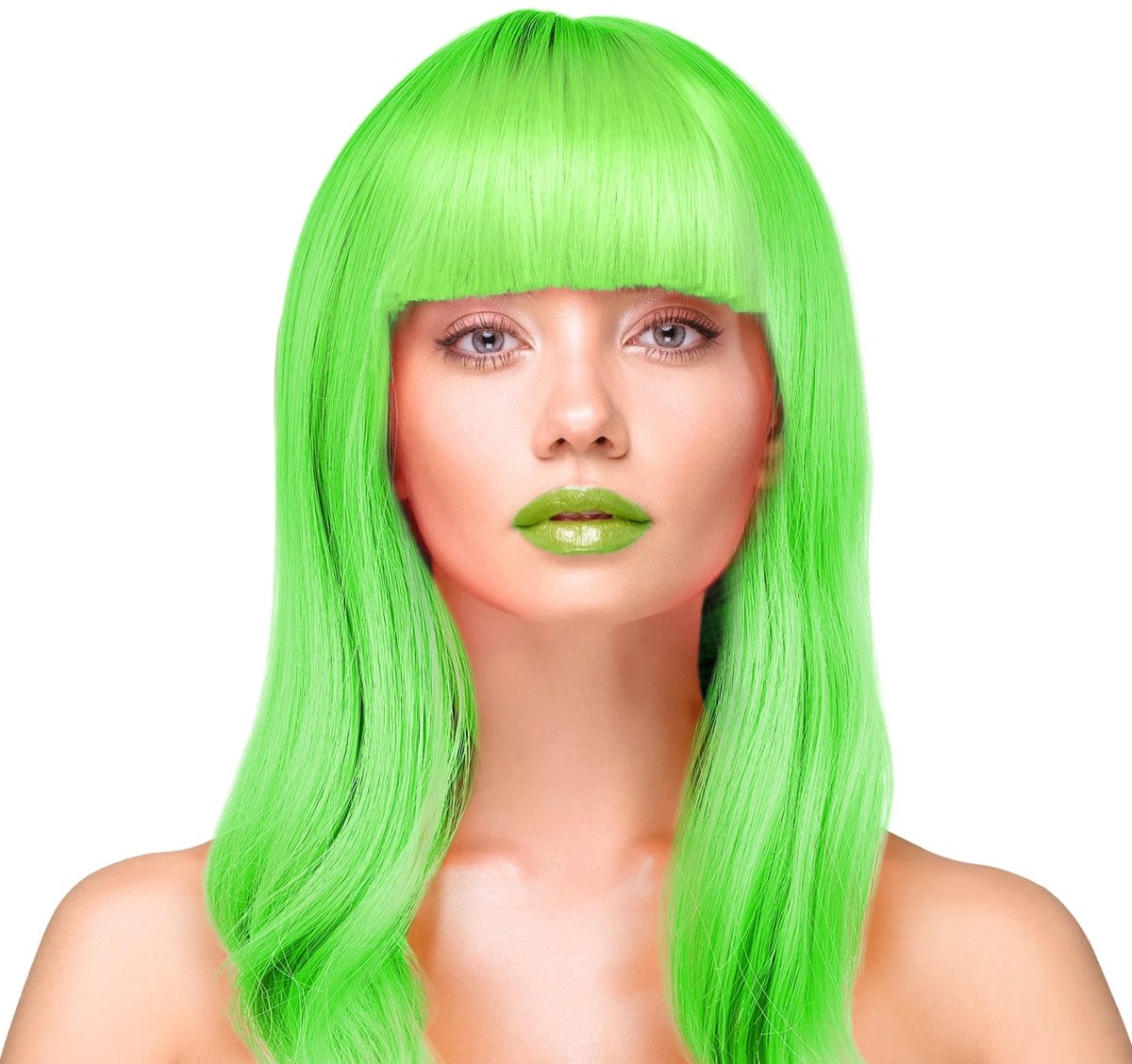 Neon Groen Lang Rechts Feestpruik - Universal Maat