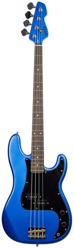 Volledige blauwe elektrische basgitaar met zwarte slagplaat en zilveren hardware.