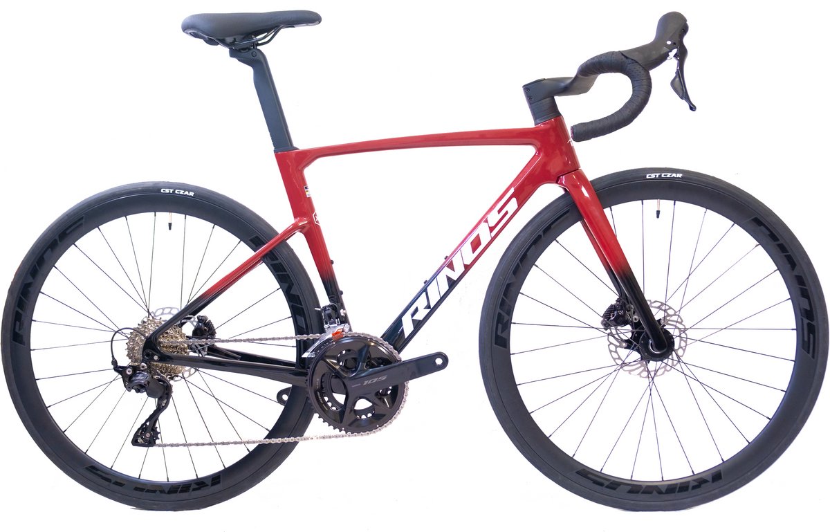 Rinos Odin 4.1.0 Carbon racefiets -Roadbike - met UCI Frameset - lichtgewicht racefiets 700C - Shimano 105 - 24 versnellingen- aerodynamisch ontwerp - hydraulische remmen - Wielen van koolstofvezel-unisex - Zwart Rood XL-58