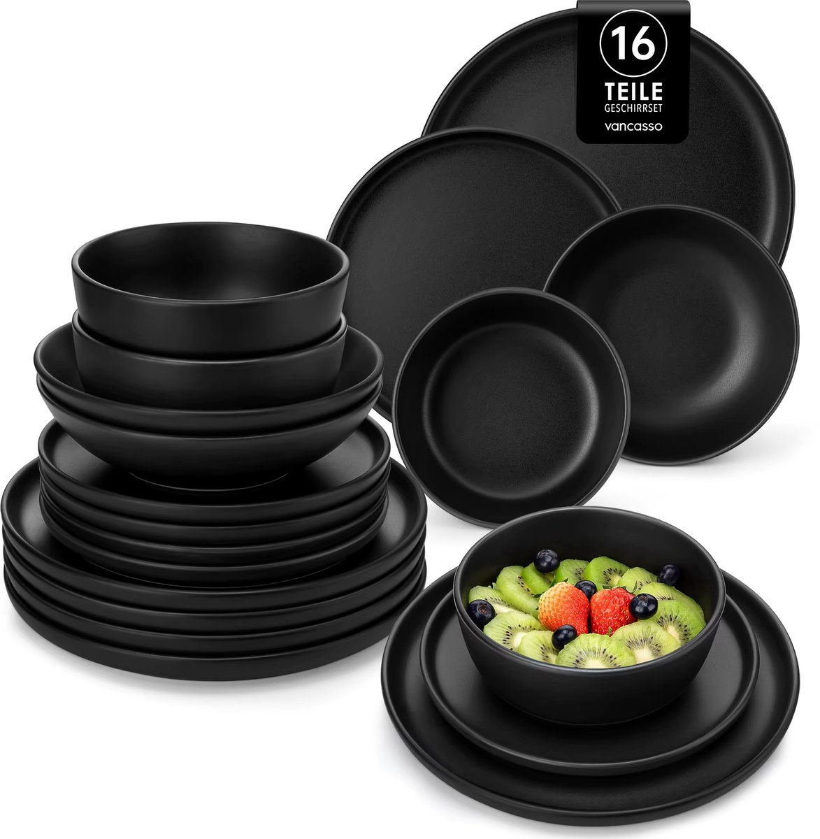 Luxe Serviesset – 16 delig – 4 persoons – Keramiek - Bordenset – Dinner platen – Dessertborden - Kommen - Pastabord - Zwart