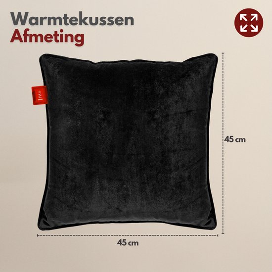 Afmetingen van het zwarte fluwelen verwarmingskussen: 45x45 cm.