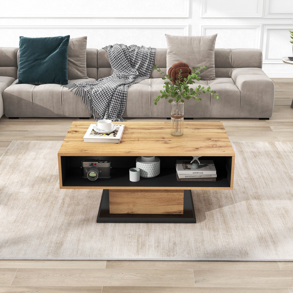 Wishdor Salontafel eikenlook zonder grepen met dubbele opbergruimte, lade en open vak | 100 × 47 × 60 cm, melamine Natuurlijk