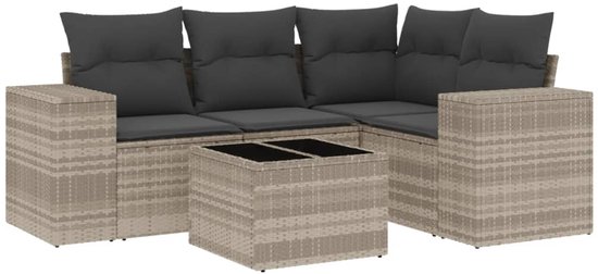 vidaXL - 5 pièces - Ensemble de salon - avec - coussins - poly - rotin - gris clair