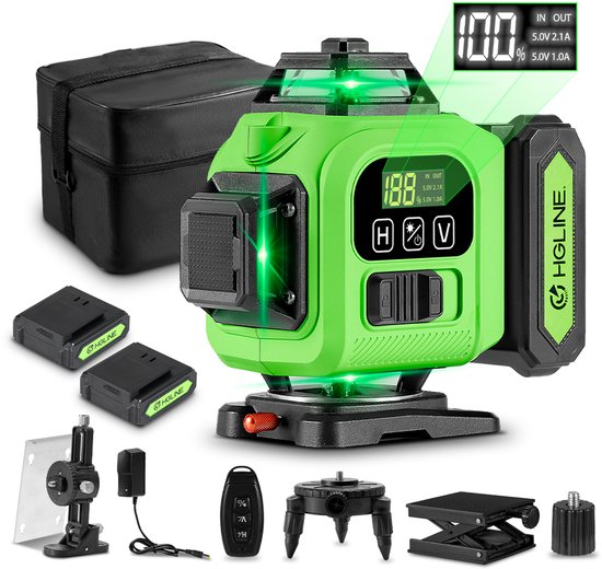 HGLINE 4D 16 lijn Kruislijnlaser Laser Waterpas - Zelfbalancerende 4x360° Laserniveau - Horizontaal Verticaal Groene lijnlaser - IP54 Waterbescherming - voor binnen, bouwplaats