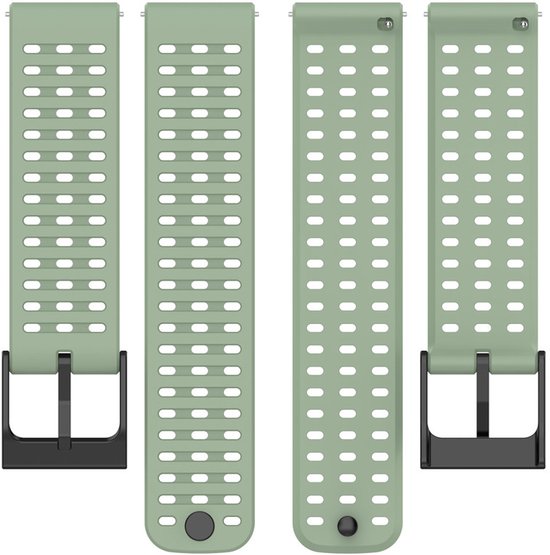 Twee groene siliconen smartwatchbandjes met gaatjes en zwarte gespen, passend op de Suunto 9 Peak (Pro).