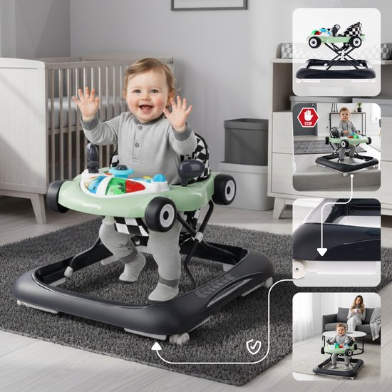 sun baby Loopstoel, baby walker vanaf 6 maanden, verstelbare hoogte, rubberen wielen - Salie-Zwart van Sun Baby — afbeelding 2
