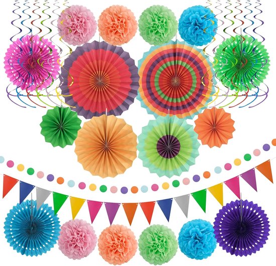 32-delige papieren waaierfeestdecoratieset - Mexicaans verjaardagsfeest - kleurrijke hangende papieren waaiers - pompons - bloemvormige krullen - garland-slingers - polkadot driehoekvlaggen