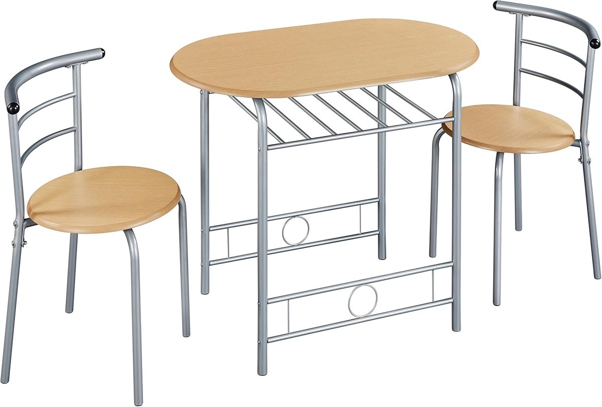 Eettafelset voor 2 personen met 1 eettafel en 2 stoelen, keukentafel met opbergvak, eettafel, fauteuil, eettafelset, houtkleur
