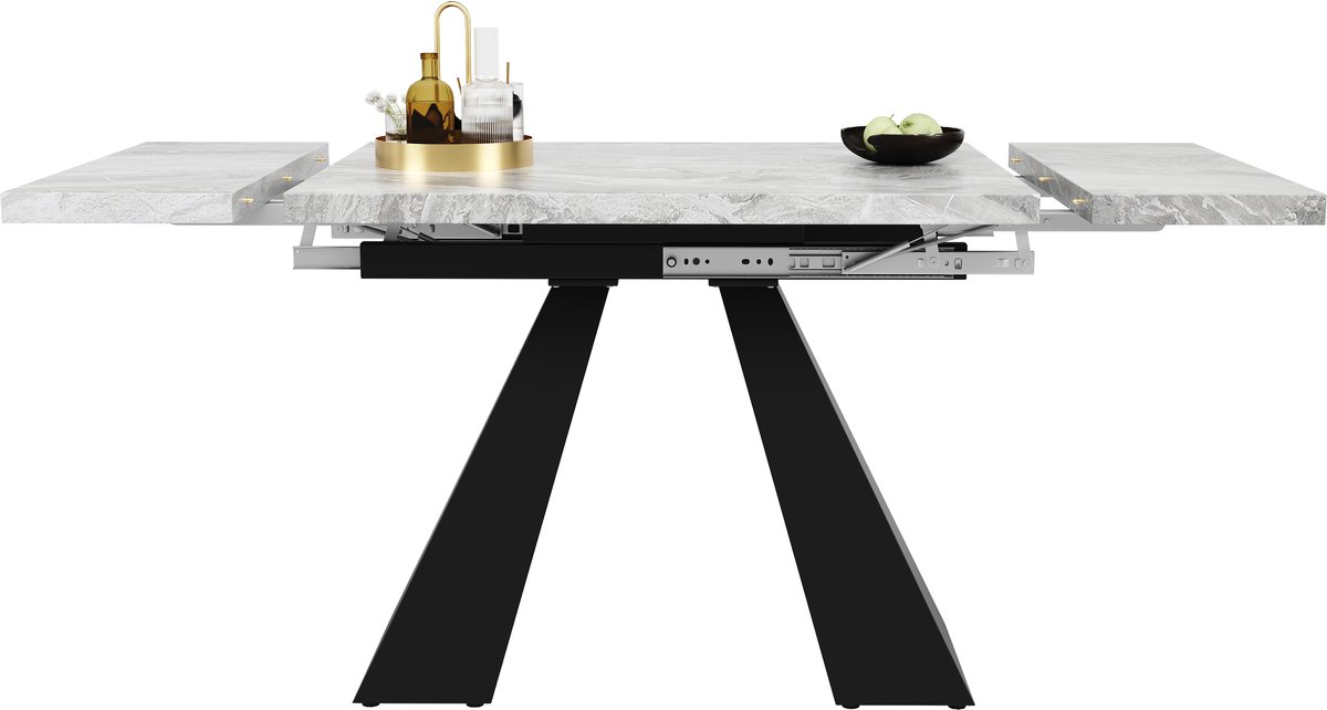 MODFU Uitschuifbare eettafel 99–159×74×77 cm – marmerlook MDF, carbonstalen poten, ruimtebesparend
