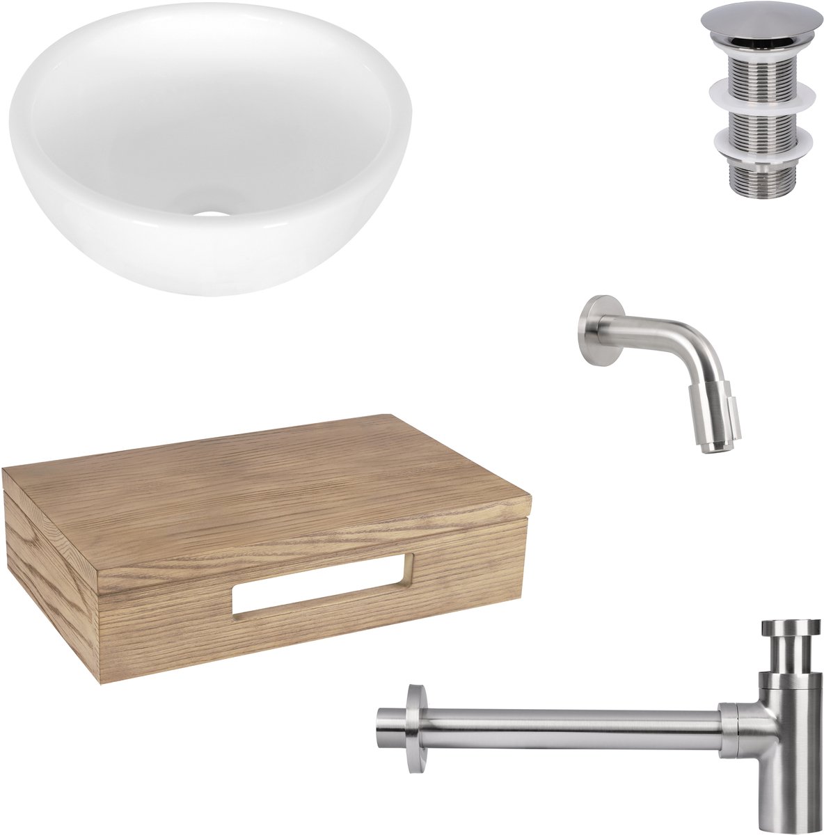 Differnz Ruz fonteinset - waskom keramiek wit - muurkraan 11 cm mat chroom - inclusief wastafelplank licht eiken
