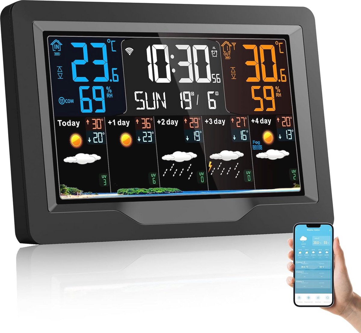 Draadloze Weerstation met Buiten Sensor, Thermometer en Hygrometer - Binnen en Buiten Weer Voruitzichten, Temperatuur, UV-index, App Bediening