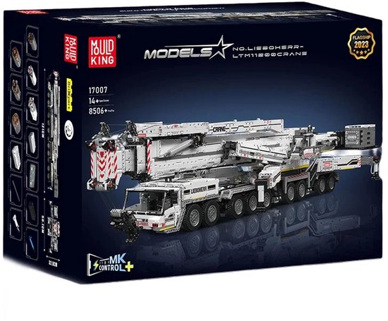 Doos van een wit en grijs bouwsteentjes kraanmodel, 'Liebherr LTM11200-9.1'.