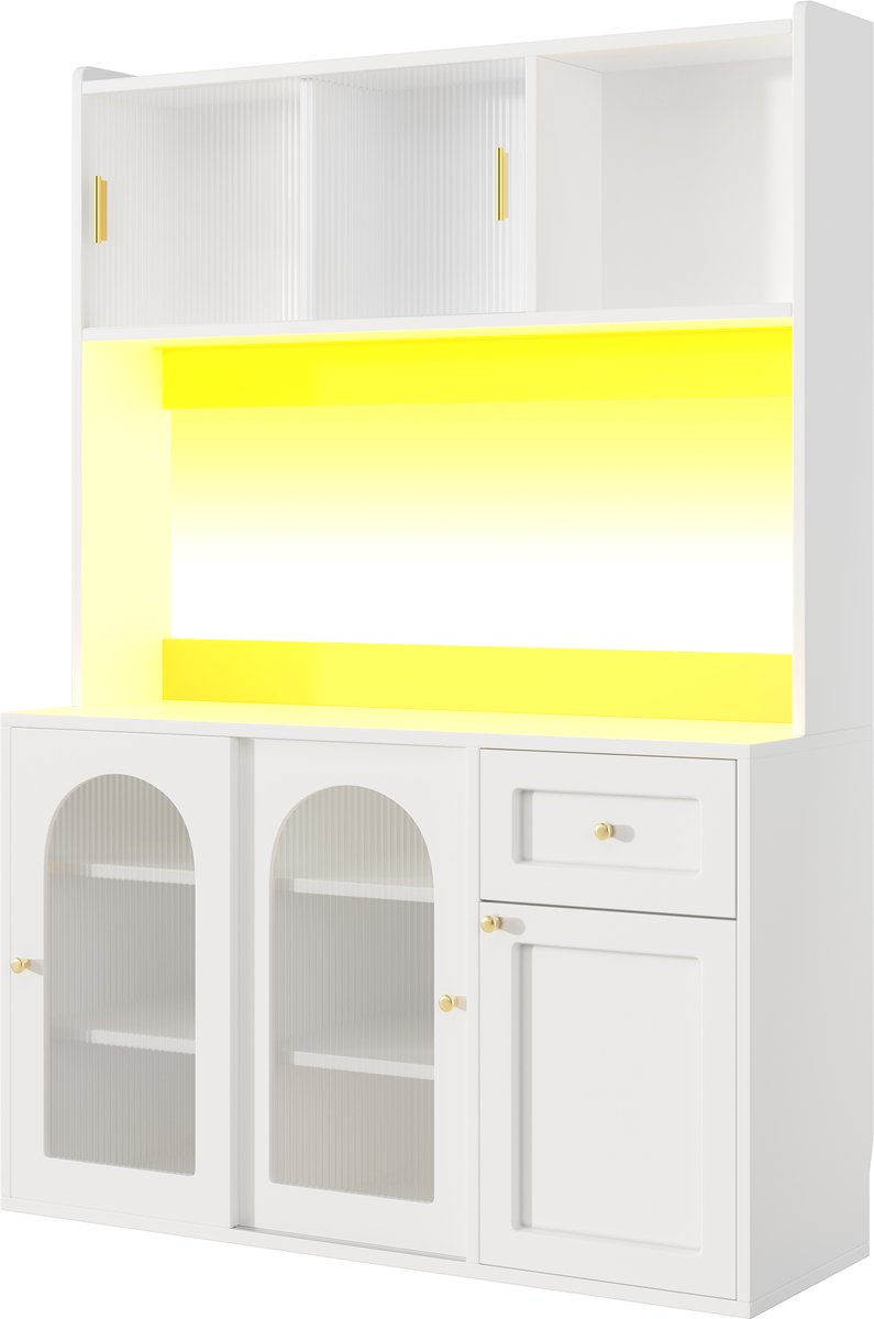 Wishdor Keukenkast Met Ledverlichting - Verstelbare Legplanken - Glazen Schuifdeuren - MDF En Spaanplaat - Wit - 120 X 35 X 167 Cm