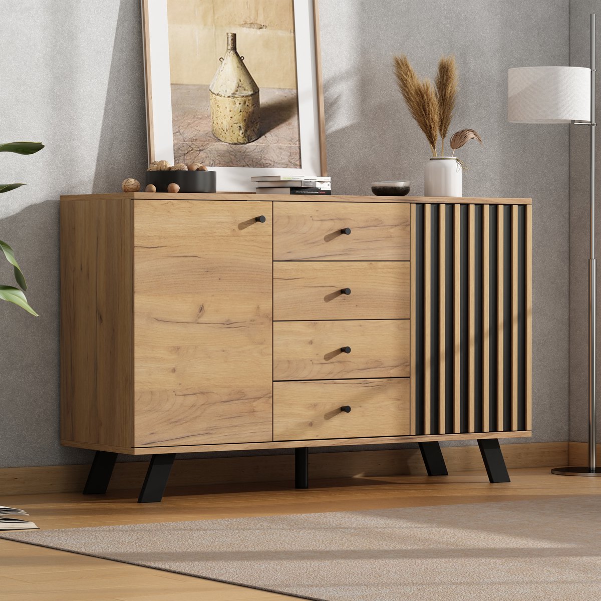 Wishdor Dressoir met 4 Lades en 2 Deuren 120x38x75 cm - Houtlook met Zwarte Accenten - Walnoot Zwart + Naturel