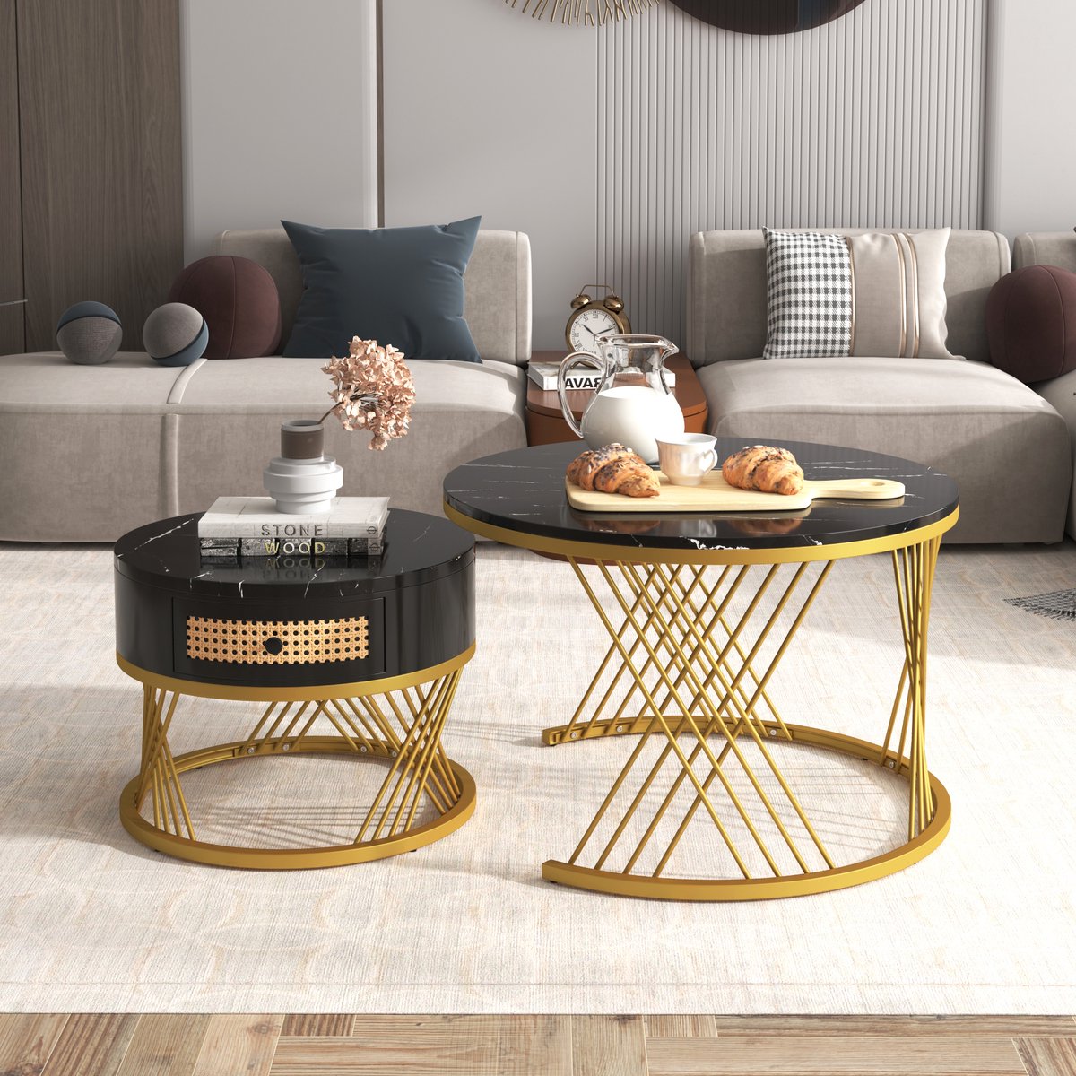 YEHTOKHOME 2-delige Ronde Salontafel met Lade - Zwart Marmerlook Tafelblad - Kleine Tafel met Kunststof Rotan Lade - Stijlvolle Bijzettafel - Goud Metalen Frame - 70x70x45,5 cm/50x50x38,5 cm