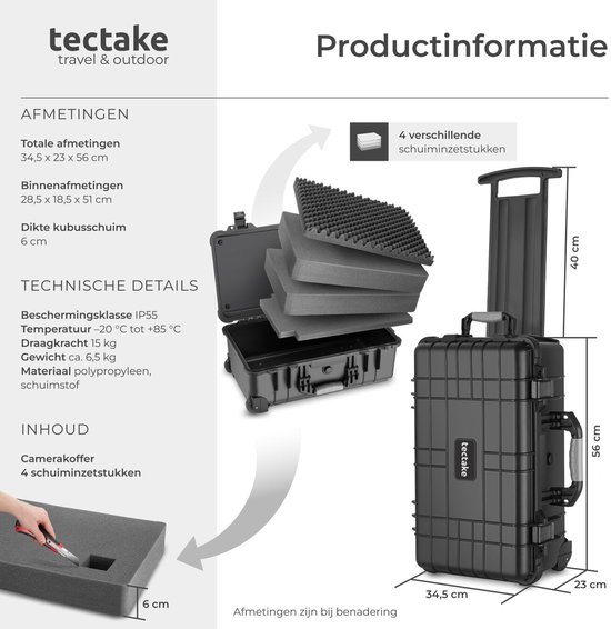 tectake® Camera Koffer - Verrijdbaar met Telescoopgreep - Fotokoffer - Camerakoffer - 2 kliksluitingen - Mogelijkheid voor afsluiten met hangslot - Afmetingen (LxBxH) 34,5 x 23 x 56 cm - Zwart