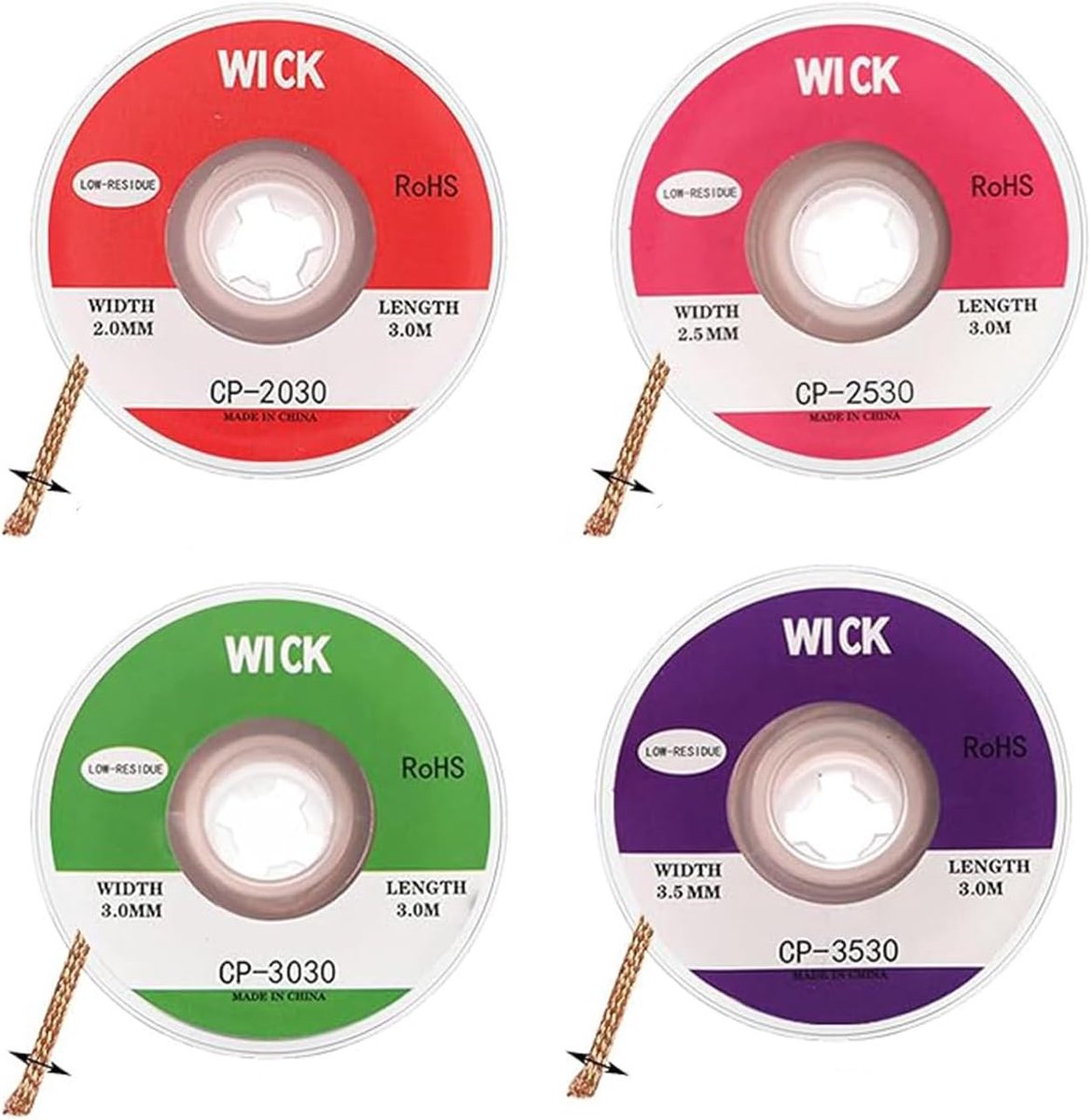 4 Pack Desoldering Slots - Soldering Tips - No-Clean Solder Wick - Copper Solder Wire - Soldering Tin - 2.0mm - 2.5mm - 3.0mm - 3.5mm - voor het Verwijderen van Lood - Desolderen - voor Dismantelen