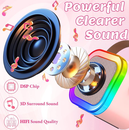 Kinder Karaoke Machine met 2 Microfoons, Draadloze Bluetooth Luidspreker met Stemverander Effecten & LED Lichten, Draagbare Bluetooth Luidspreker voor Kinderen Volwassenen van kinder — afbeelding 2