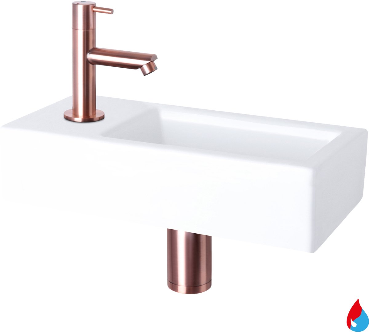 Differnz Helios fonteinset - keramiek wit - warm/koud kraan recht rood koper - kraan links - always open afvoerplug - 37.5 x 18.5 x 9 cm