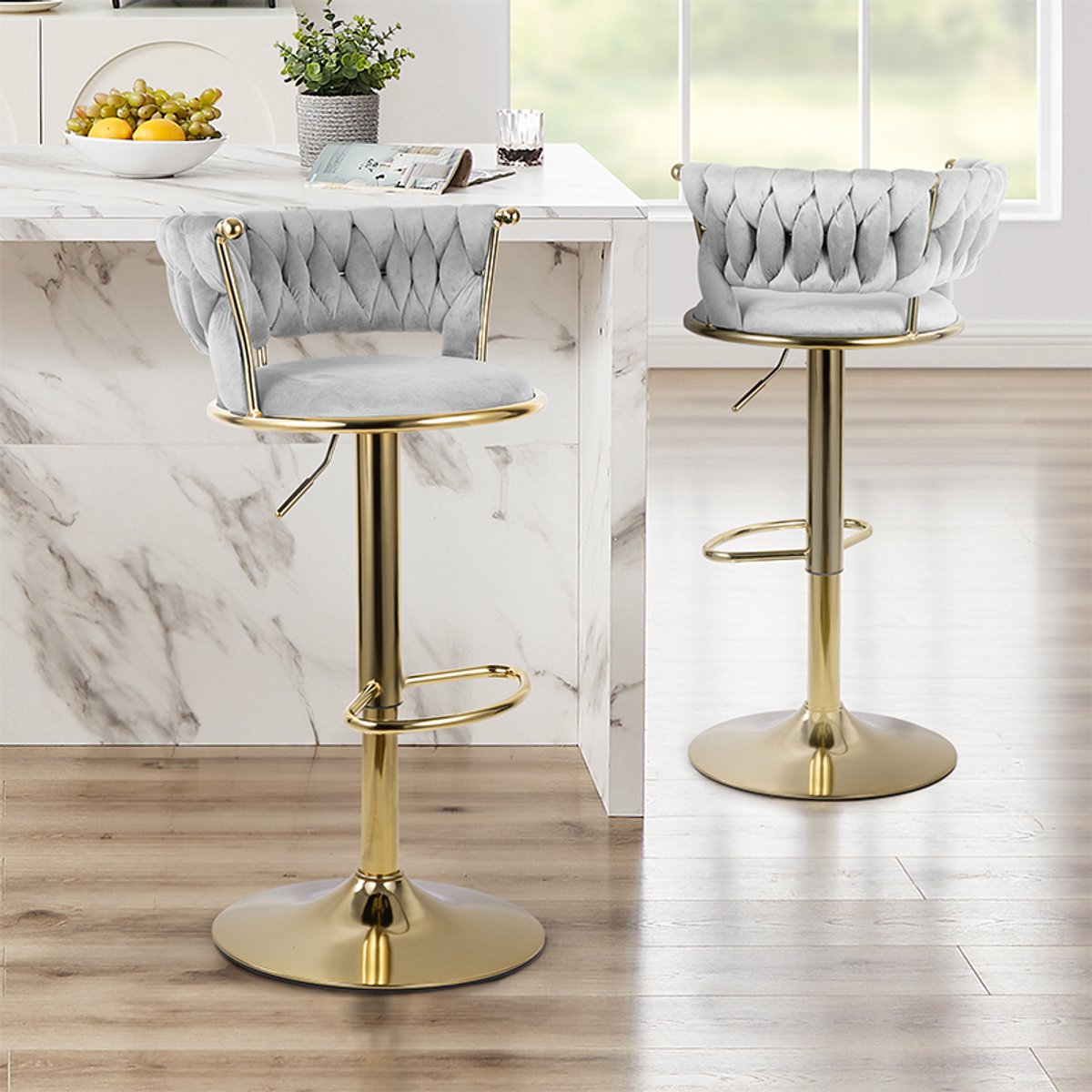 Barstoelen Set van 2, In Hoogte Verstelbaar en Draaibaar, Barstoel met Rugleuning, Fluwelen Zitting, Met Voetensteun, Keuken Barstoelen,Lichtgrijs