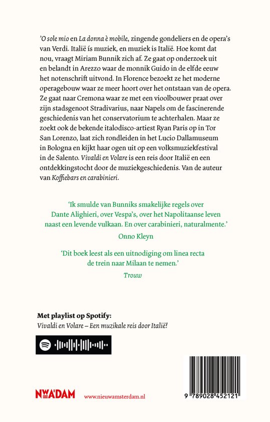Boek met de titel Vivaldi en Volare, een muzikale reis door Italië. Op de cover een illustratie van een opera-zanger, viool, tamboerijn, vleugel en een gondelier in Venetië.